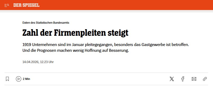 DER SPIEGEL: „Zahl der Firmenpleiten steigt"